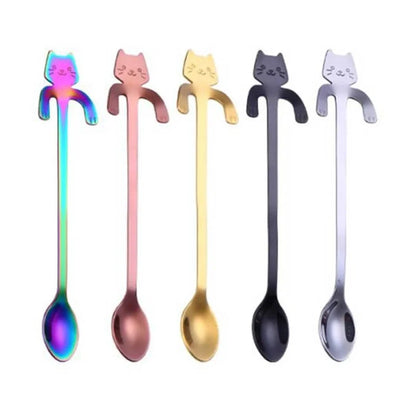 Stainless steel coffee spoon with cartoon cat handle design showing 11.7cm measurement scale