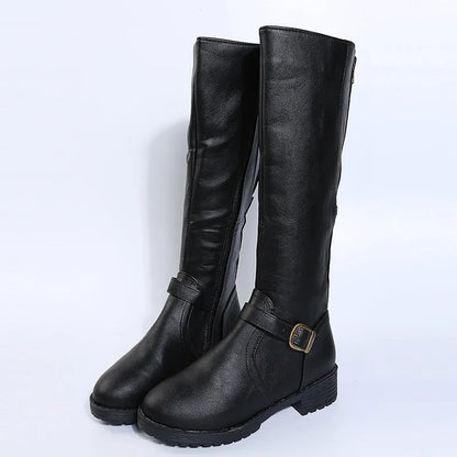 Women's black high knight boots with a square heel, round toe, and ankle buckle detail.