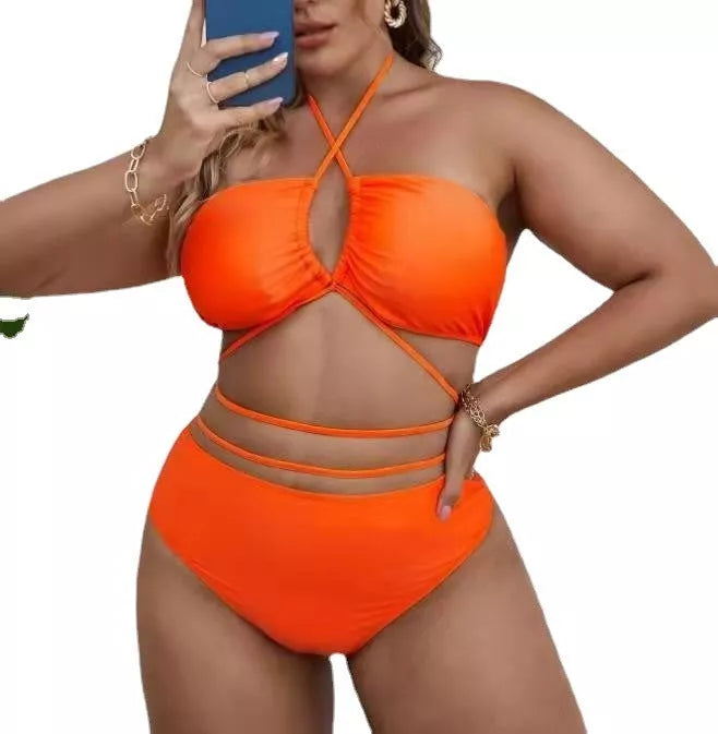 Plus Size Solid Color Split Ladies Bikini Set in black and orange