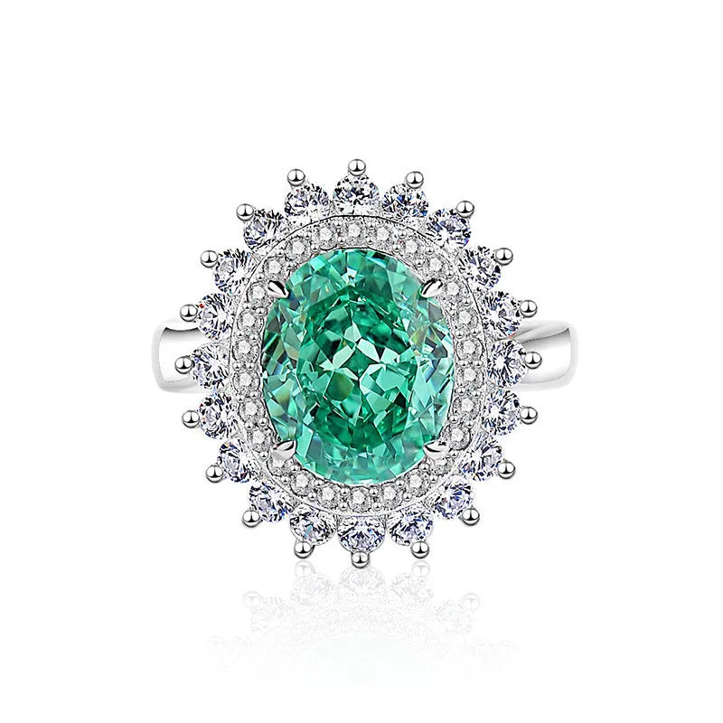 S925 silver emerald ring with palaibahao inlaid high carbon diamond, geometric design with elliptical elements