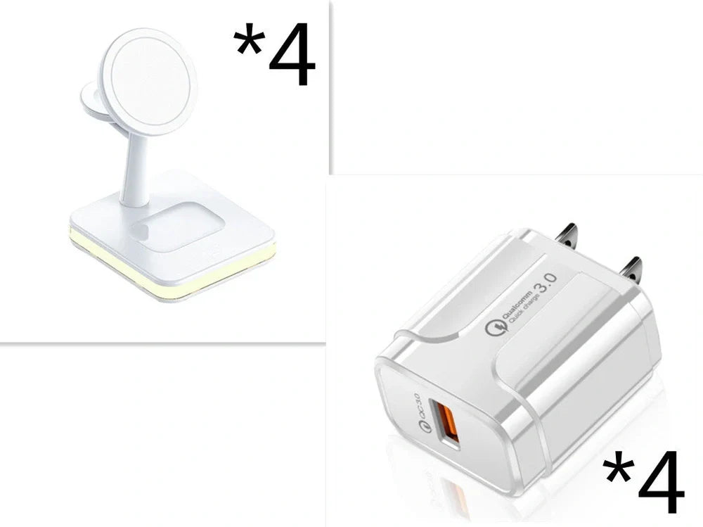 Black three-in-one wireless charger magnetic bracket on a desk charging multiple devices