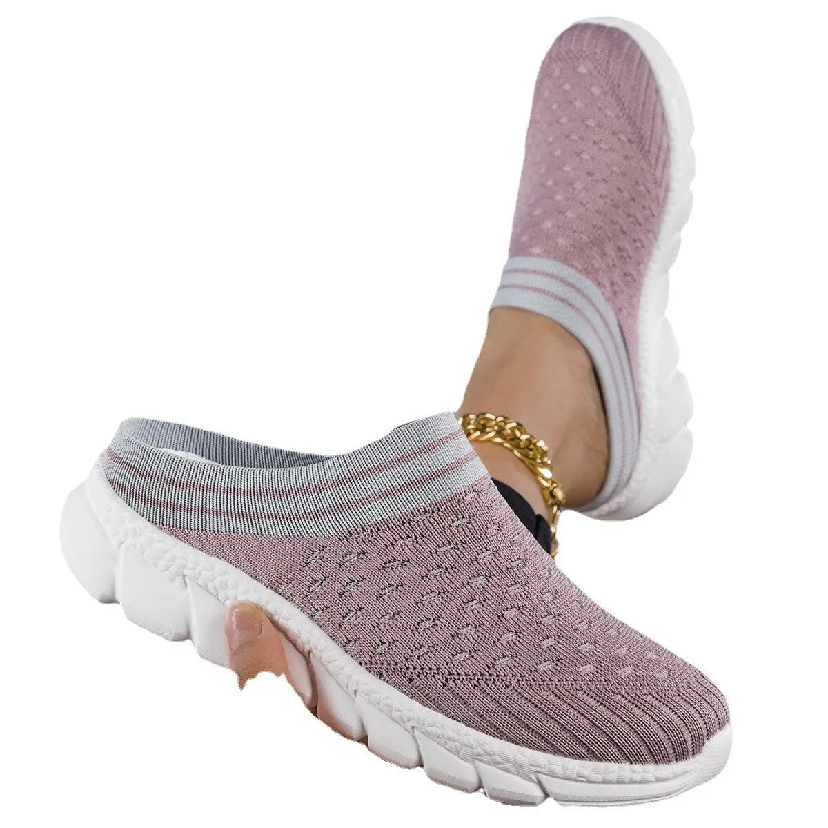 Women's black Flyknit semi-slipper shoes with striped pattern and hollowed-out design on viscose sole