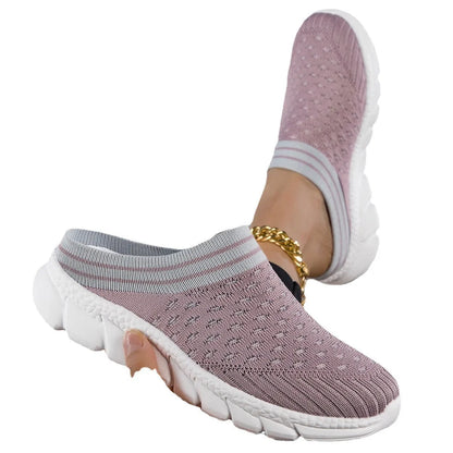 Women's black Flyknit semi-slipper shoes with striped pattern and hollowed-out design on viscose sole