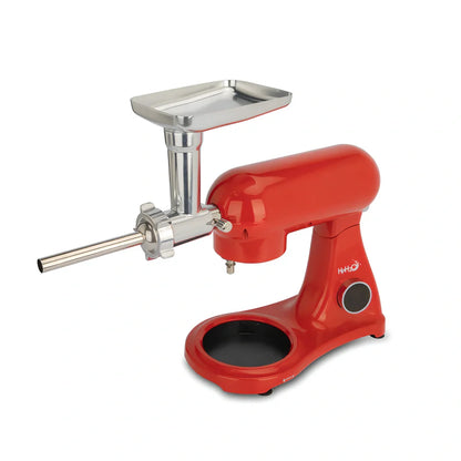 Red SM-1522ML stand mixer with metal body, digital controls, and stainless steel mixing bowl on kitchen counter