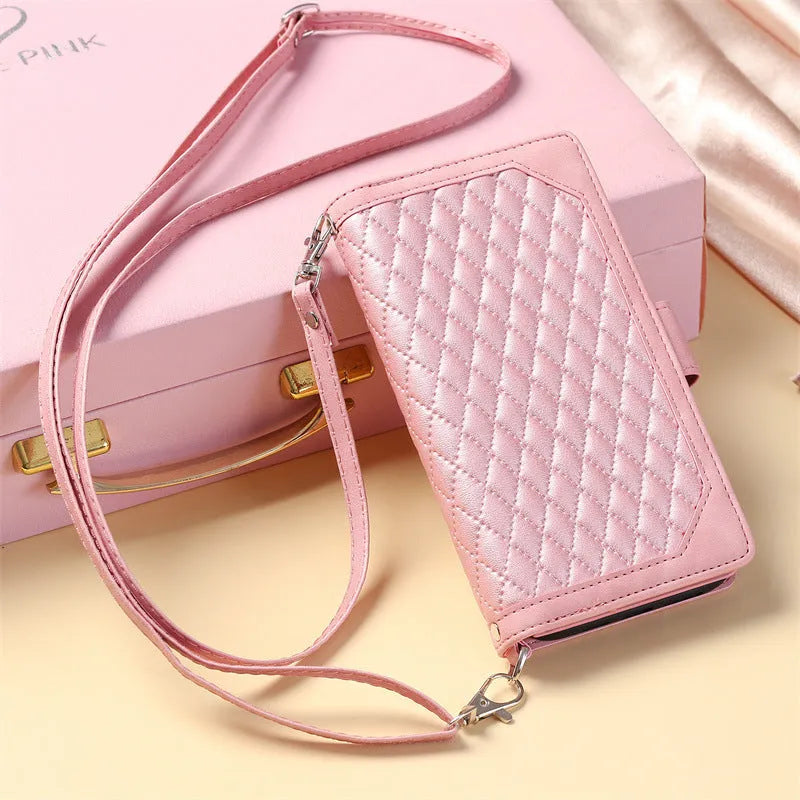 Crossbody plaid zipper phone case for Samsung in black, pink, white, or wine red, made from TPU and PU.