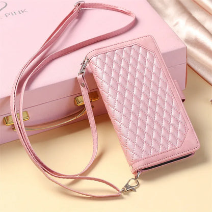 Crossbody plaid zipper phone case for Samsung in black, pink, white, or wine red, made from TPU and PU.