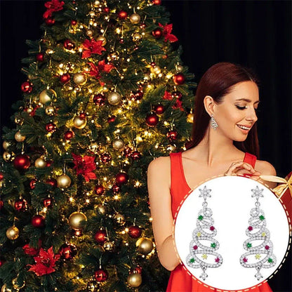 Colorful zircon Christmas tree tassel earrings for women, available in white K and gold.