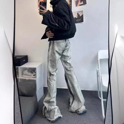 White cotton denim jeans trousers with black ribbon gradient detailing and mid-waist zip placket design