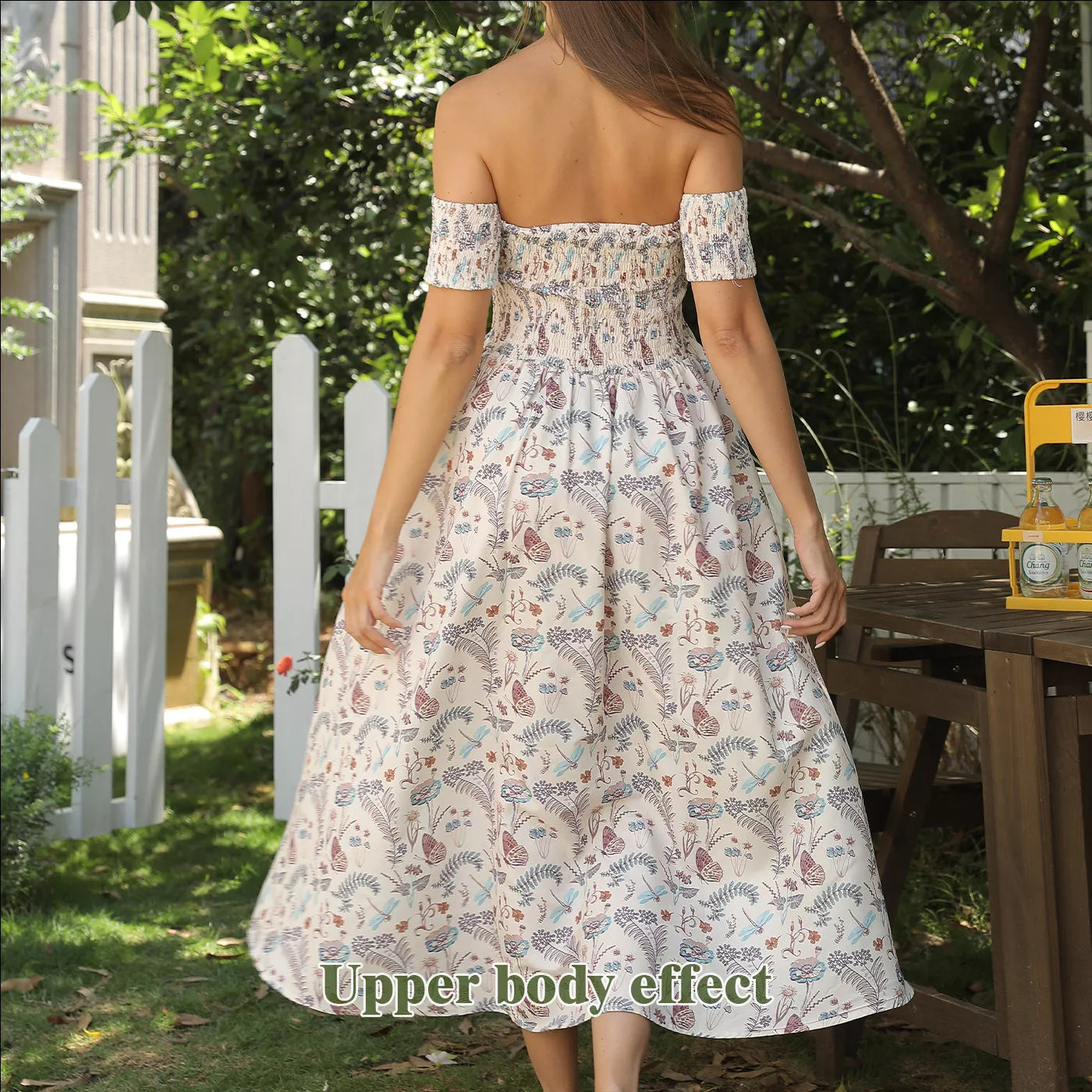 Women's off shoulder strapless floral dress in a lightweight fabric, available in multiple sizes.
