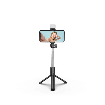 Bluetooth-enabled selfie stick with 360-degree rotation, integrated fill light, and Bluetooth remote control for versatile content creation on iPhone