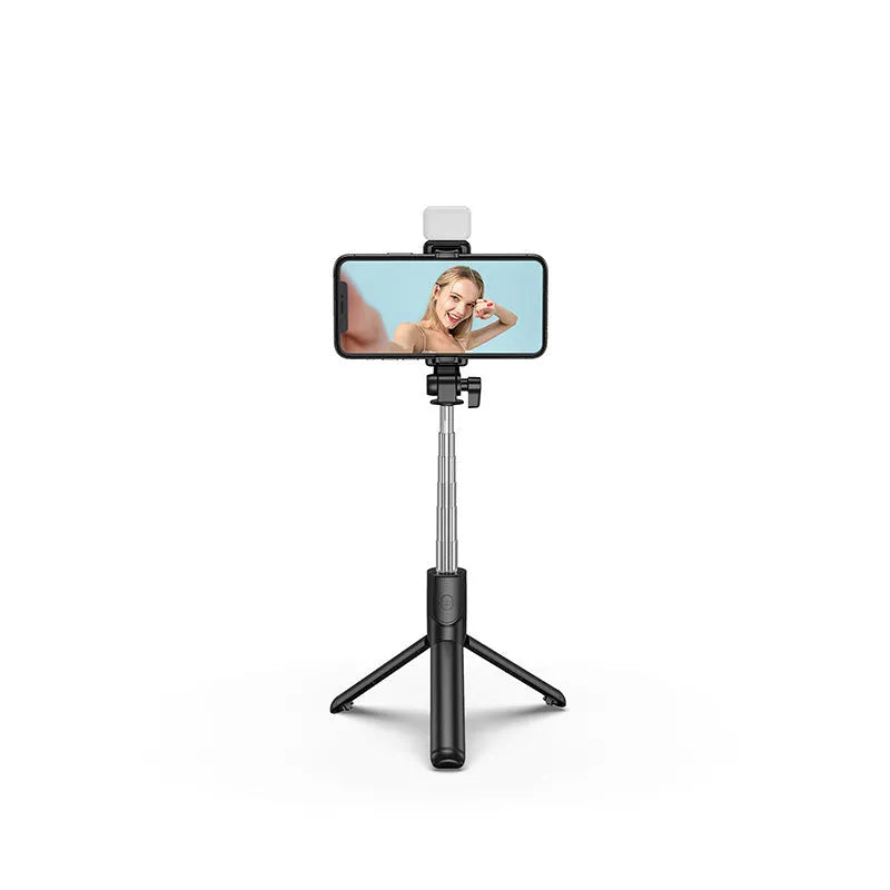 Bluetooth selfie stick with 360-degree rotation and integrated tripod in black colour