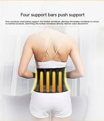 Black sports waist support belt with steel plate for lumbar decompression during fitness and sports.