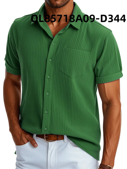 Man wearing a loose fit printed short sleeve lapel shirt in a casual setting