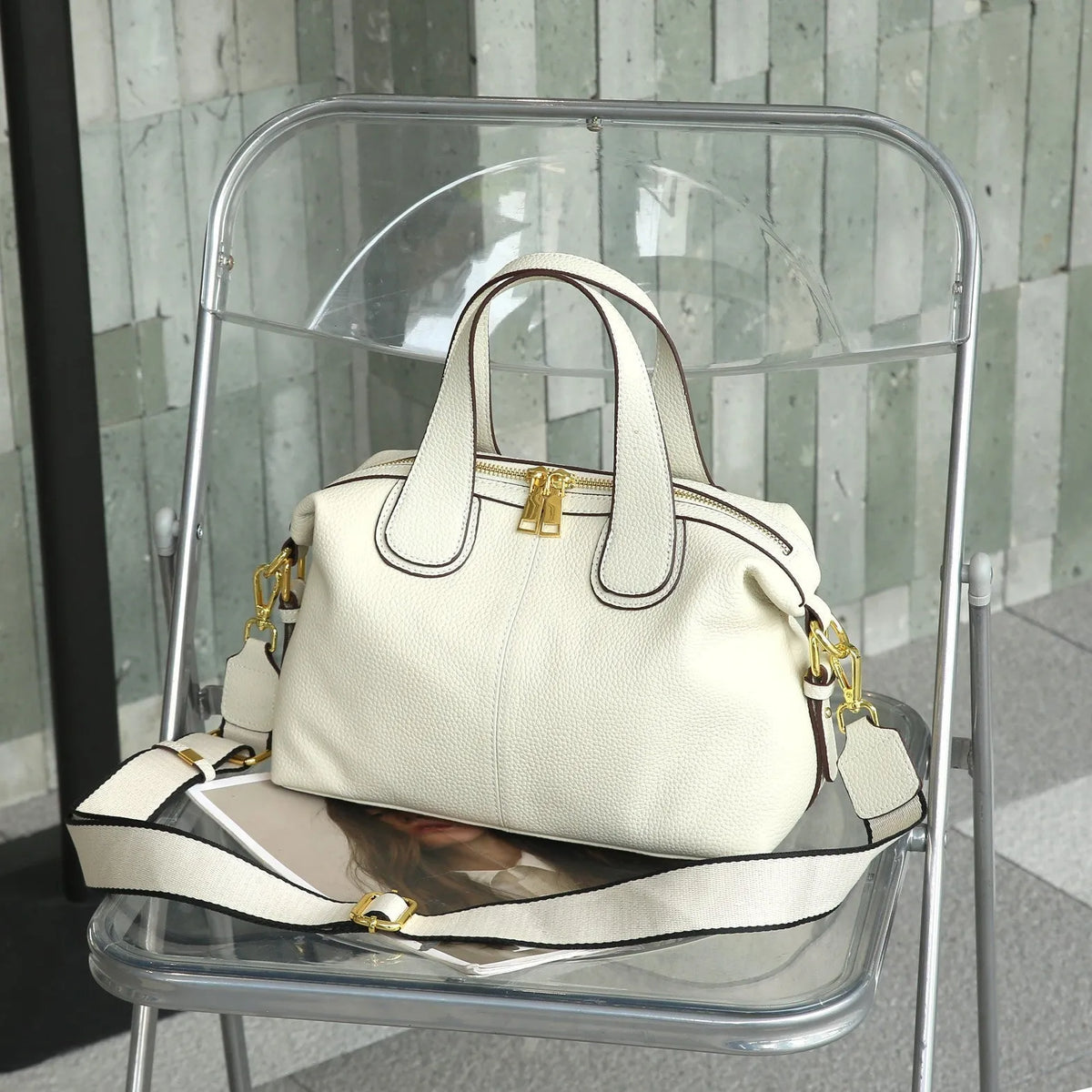 Women's genuine leather cross-body shoulder bag in horizontal square design with multiple internal compartments