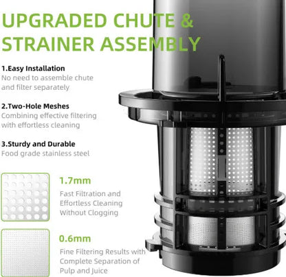 Large diameter low speed juicer with 200W motor, plastic body, and UK plug option