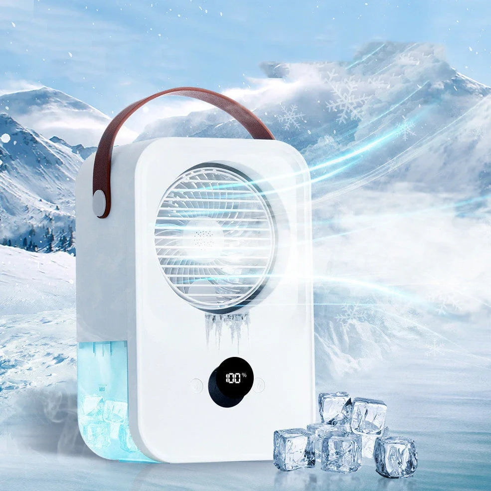 White USB desktop fan with voice control, dimensions 163mm x 104mm x 240mm, four speed settings