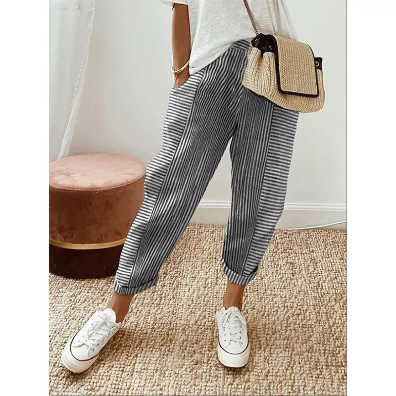 Women's striped print trousers in light gray, loose fit for summer comfort
