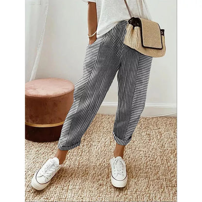 Women's striped print trousers in light gray, loose fit for summer comfort