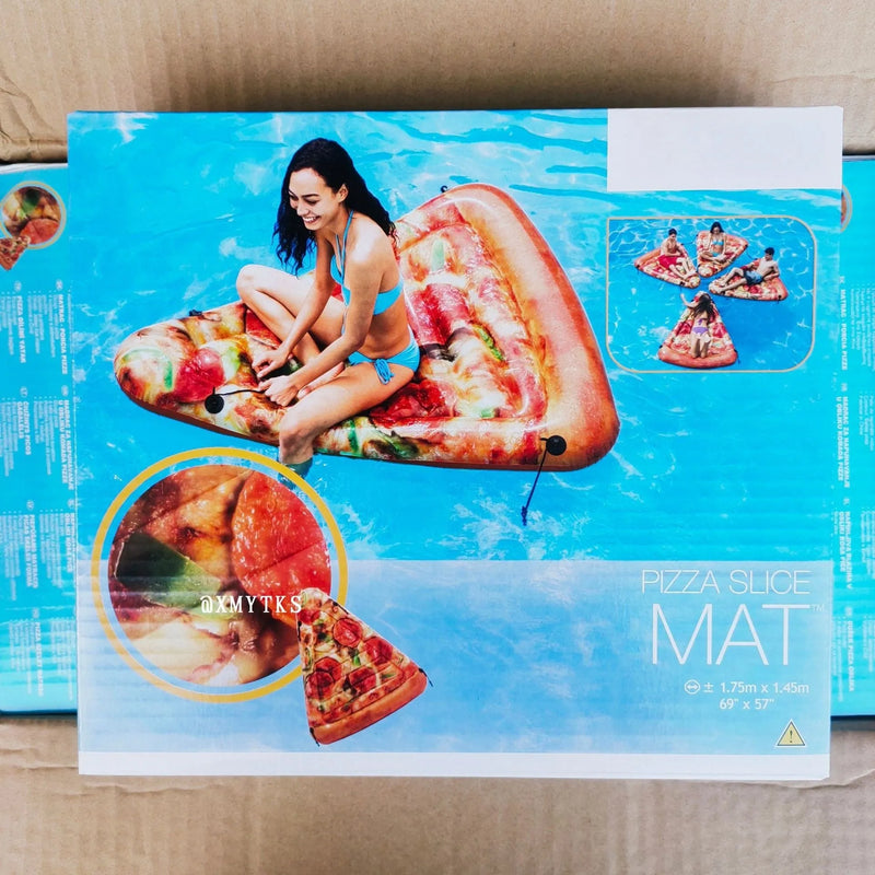 Inflatable pizza float surfboard recliner pool lounger for swimming and water relaxation, made from PVC material with measurements of 175cm by 145cm, colourful design as shown in pictures
