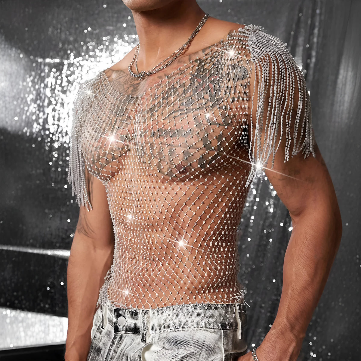 Grid rhinestone fishnet vest in dyed silver see-through nylon, loose fit, sizes S to XL
