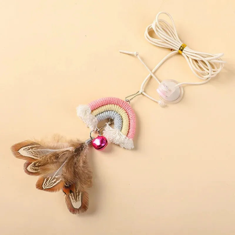 Feather cat rope hanging door toy with elastic swing and sticky buckle clamp in blue, green, or pink colours