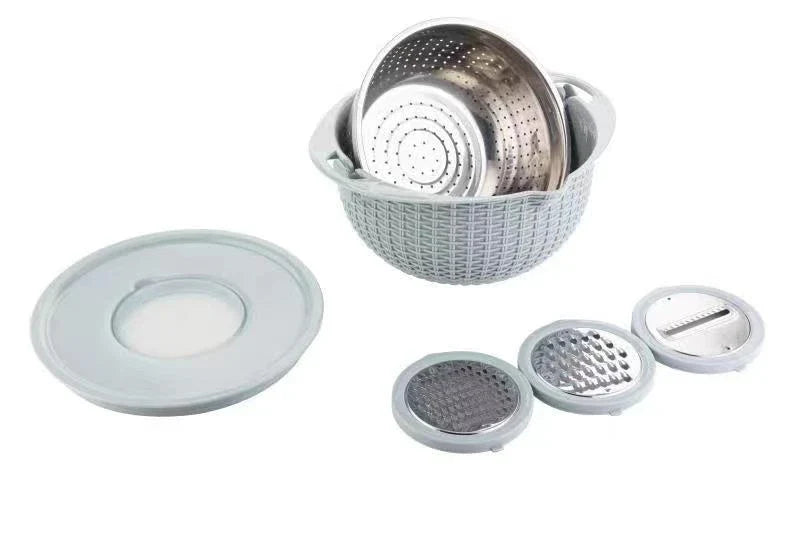 Versatile 4-in-1 Fruit and Veggie Prep Station with Rotating Colander, Slicing Blades, and Stylish Nordic-Inspired Colors