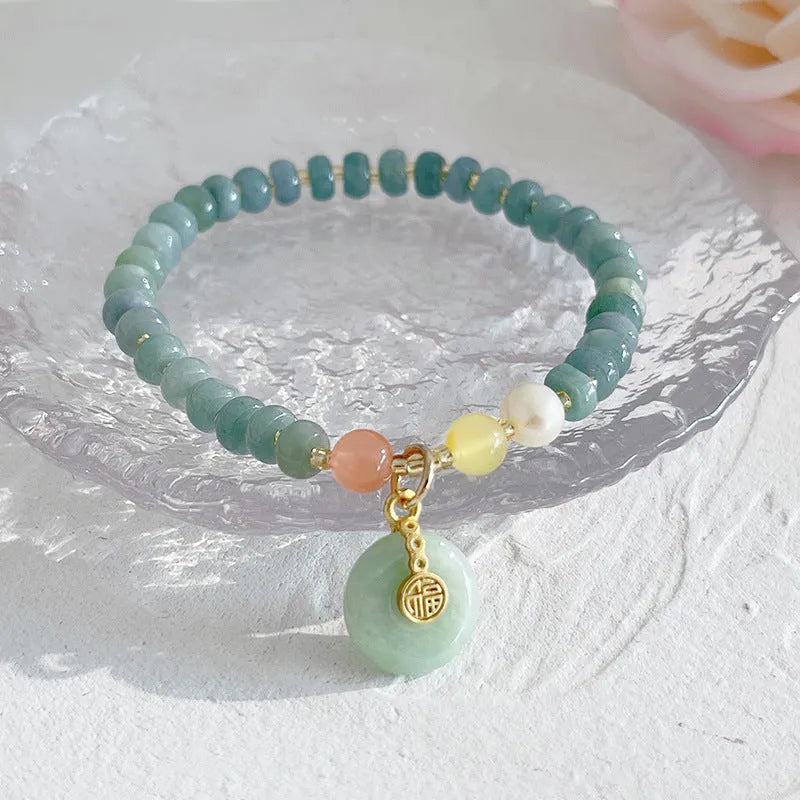 Blue Hetian jade gourd peace buckle bracelet with strawberry quartz beads and adjustable length