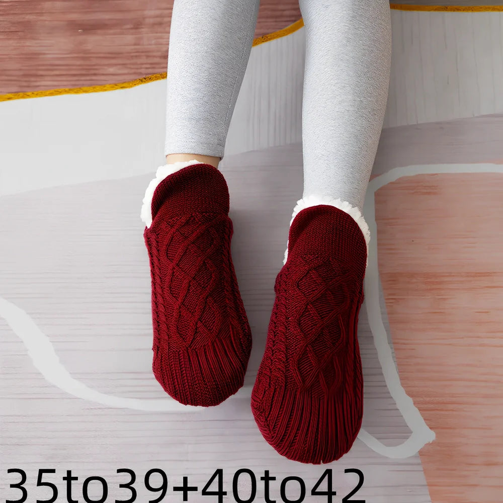 Winter woolen socks with V-opening design and anti-slip dots on soles in navy blue colour