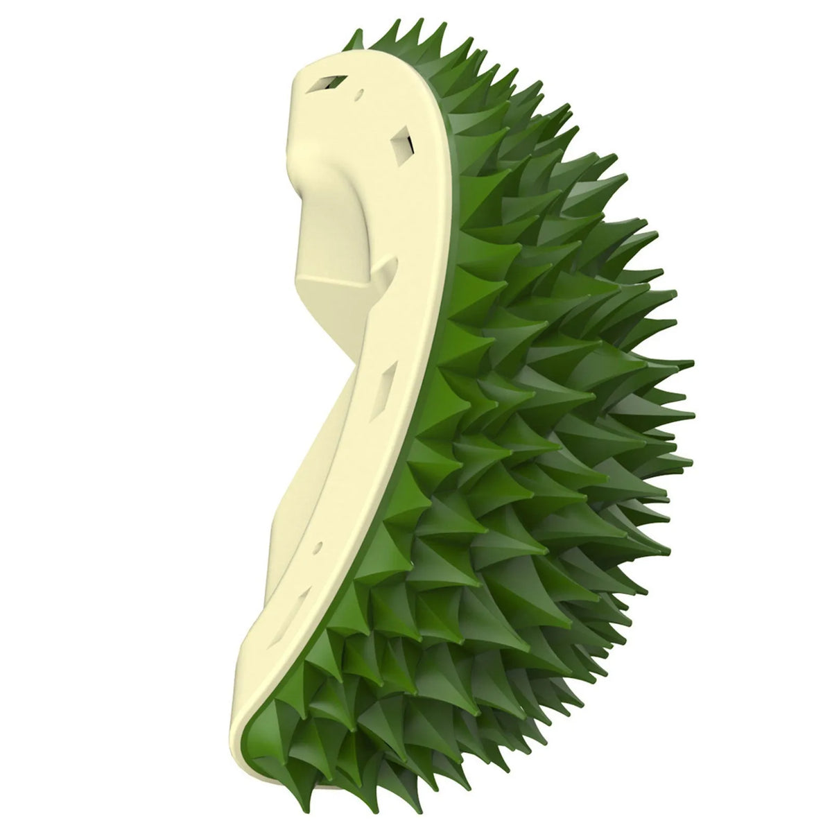 Durian shape wall cat brush and self groomer in green or yellow, 130g, with rotating catnip ball