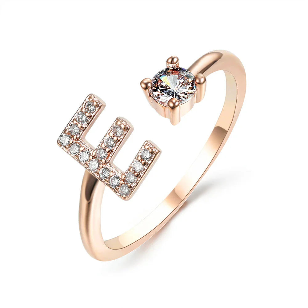 Personalized Initial Letter Adjustable Ring made of copper alloy and zircon, showcasing a vintage-inspired design