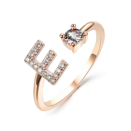 Personalized Initial Letter Adjustable Ring made of copper alloy and zircon, showcasing a vintage-inspired design