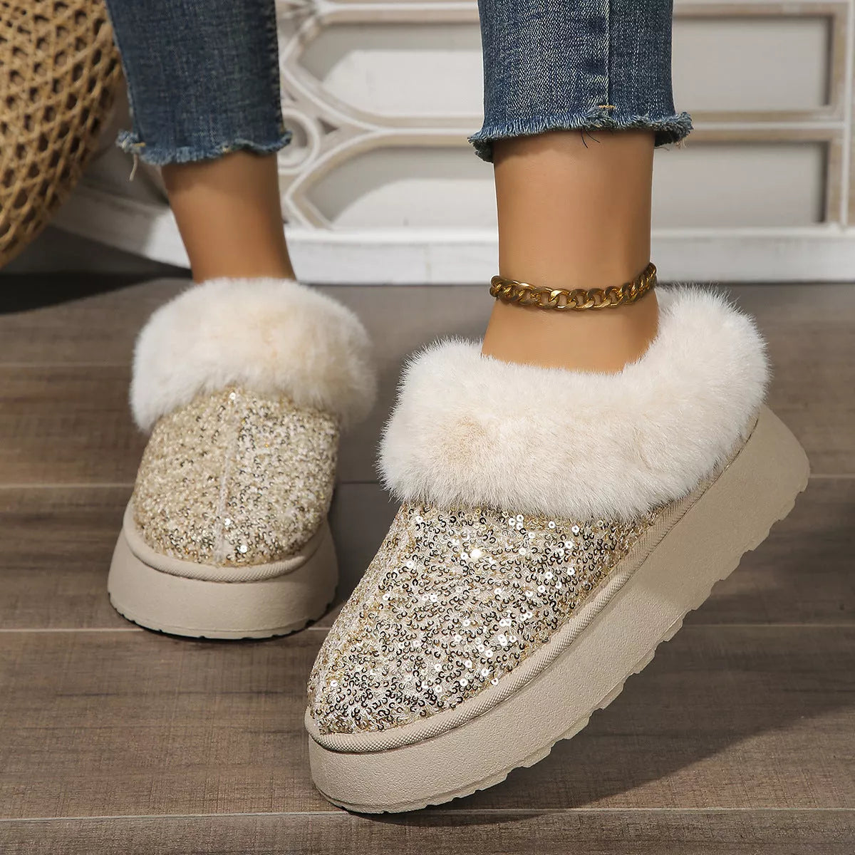 Sequined plush slippers with thick soles for winter warmth in blue, gold, black, and pink