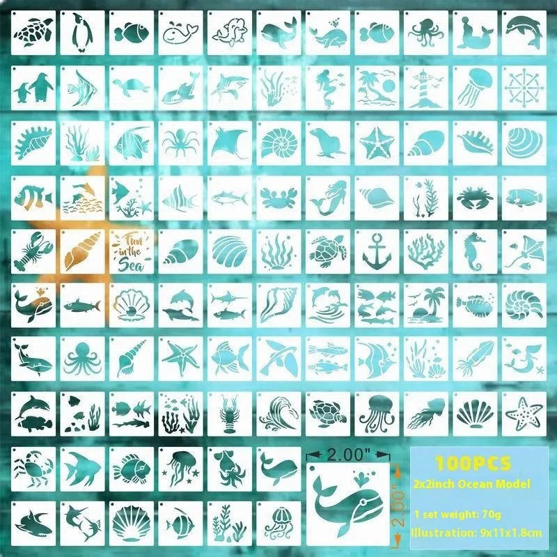 Milky white PET film spray painting stencil sheets with hollow-cut animal, floral, letter, and mandala designs.