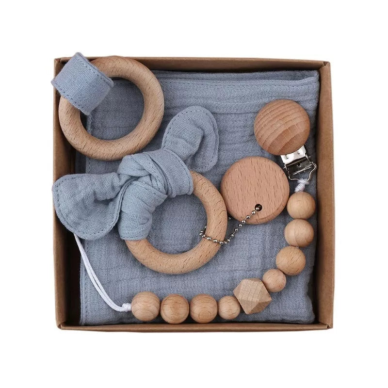 Natural cotton baby bath toy set with wooden rattle and comfort towel