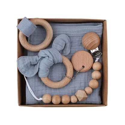 Natural cotton baby bath toy set with wooden rattle and comfort towel