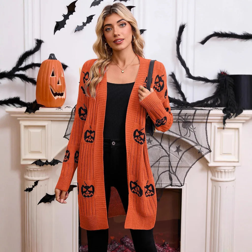 Women's black pumpkin head jacquard knitted cardigan with regular sleeves and straight cut
