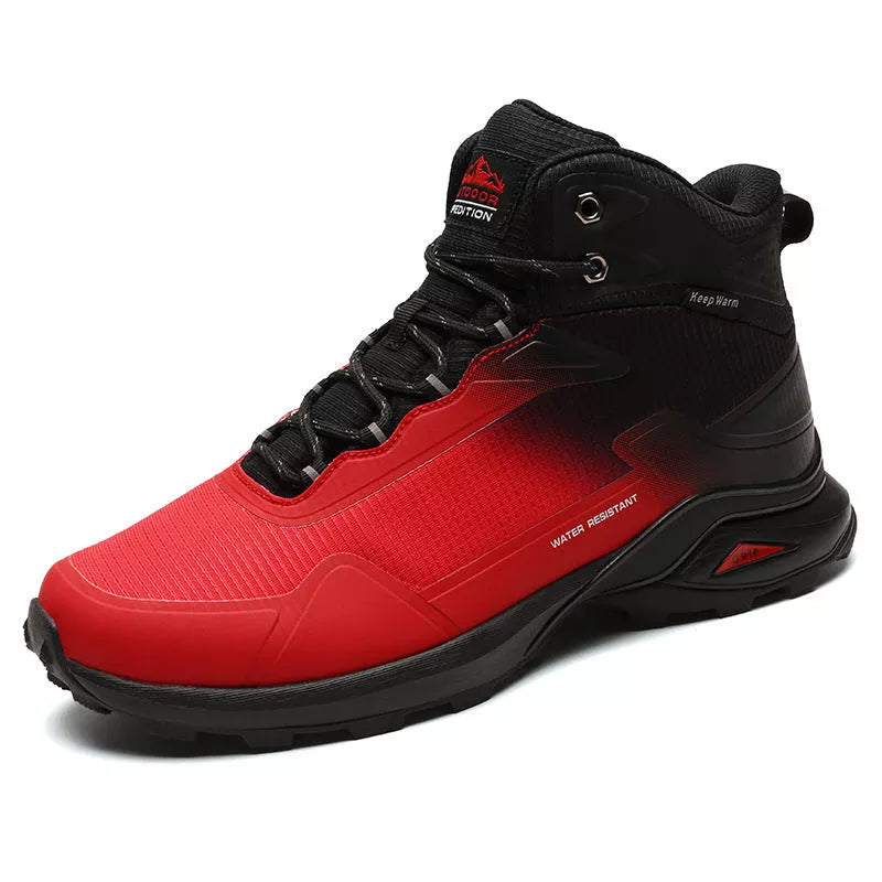 Men's high-top winter hiking shoes in red, black, and gray with nylon and leather upper