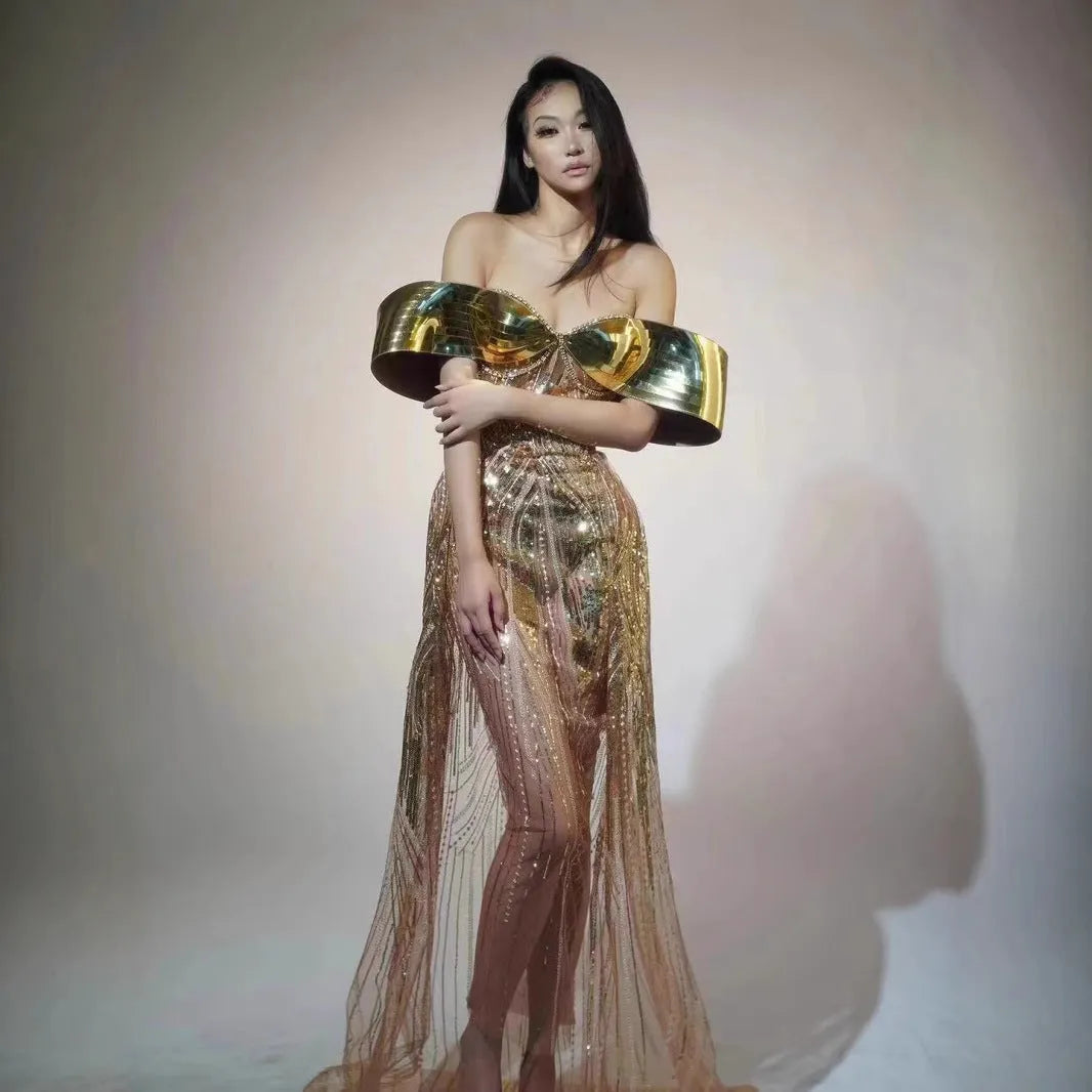 Gold strapless sequined tulle dress with thigh-high split and floor-length skirt