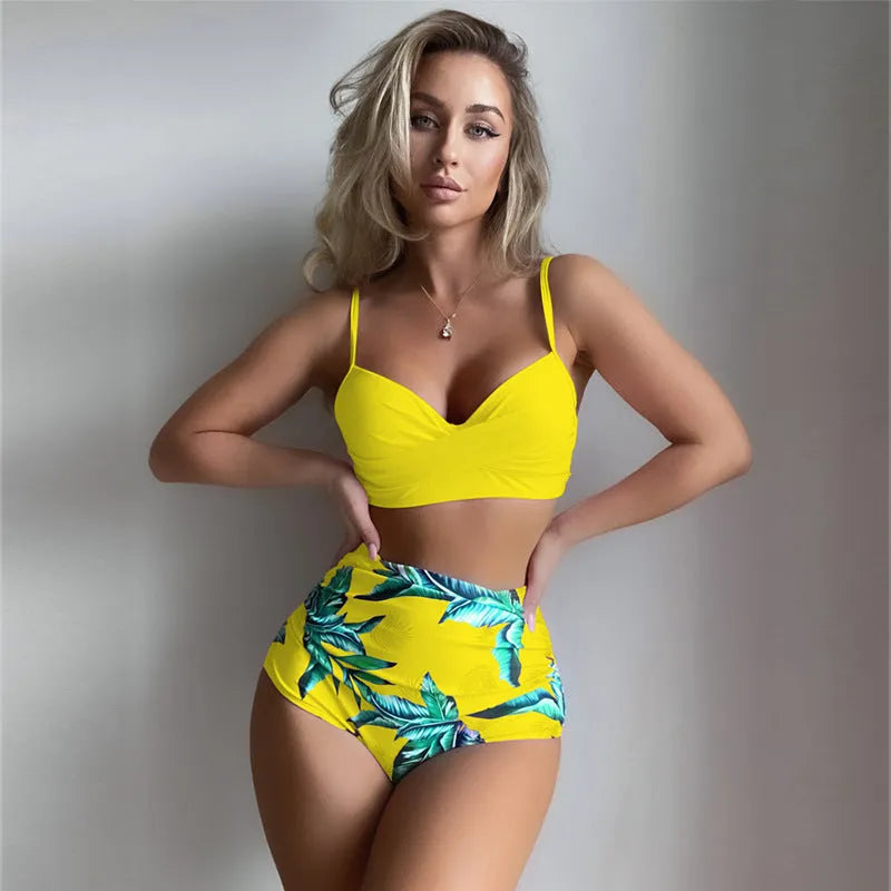Women's floral print push up bikini set with steel underwire bra and high waist briefs