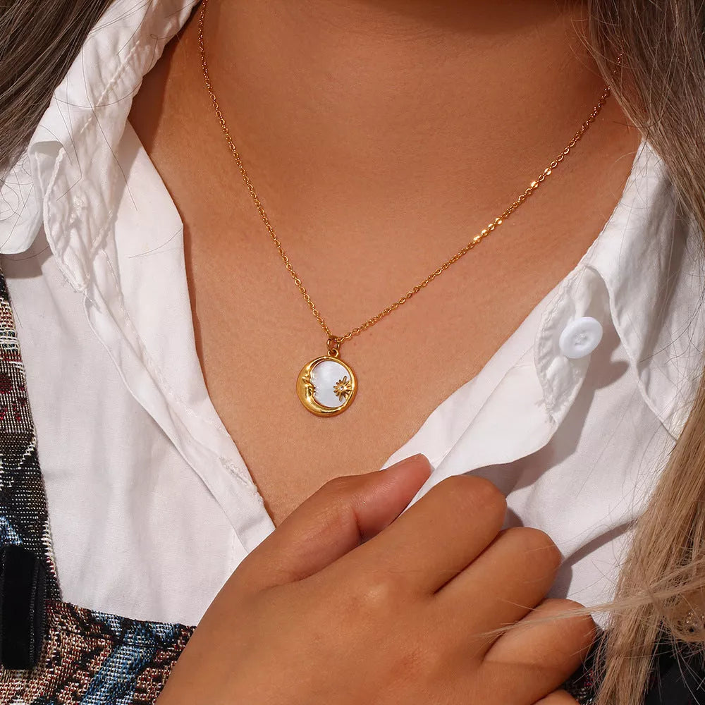 Gold shell moon and star pendant necklace with adjustable stainless steel chain