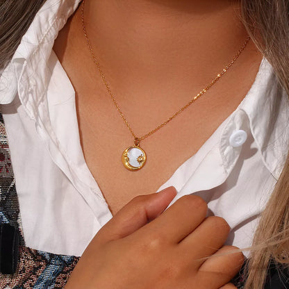 Gold shell moon and star pendant necklace with adjustable stainless steel chain