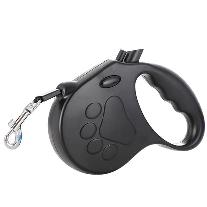 Automatic telescopic pet traction rope showing compact 140x168mm size and ABS plastic construction