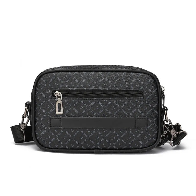 Men's black geometric pattern PU leather messenger bag with handheld horizontal design