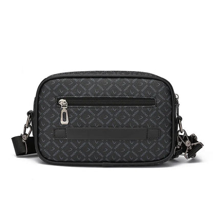Men's black geometric pattern PU leather messenger bag with handheld horizontal design