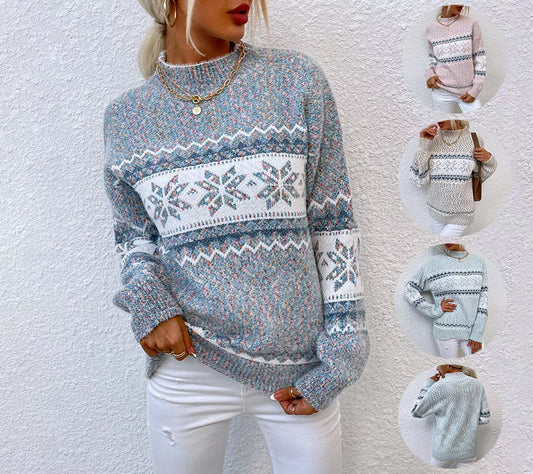 Women's Half Turtleneck Snowflake Jacquard Sweater in various colors