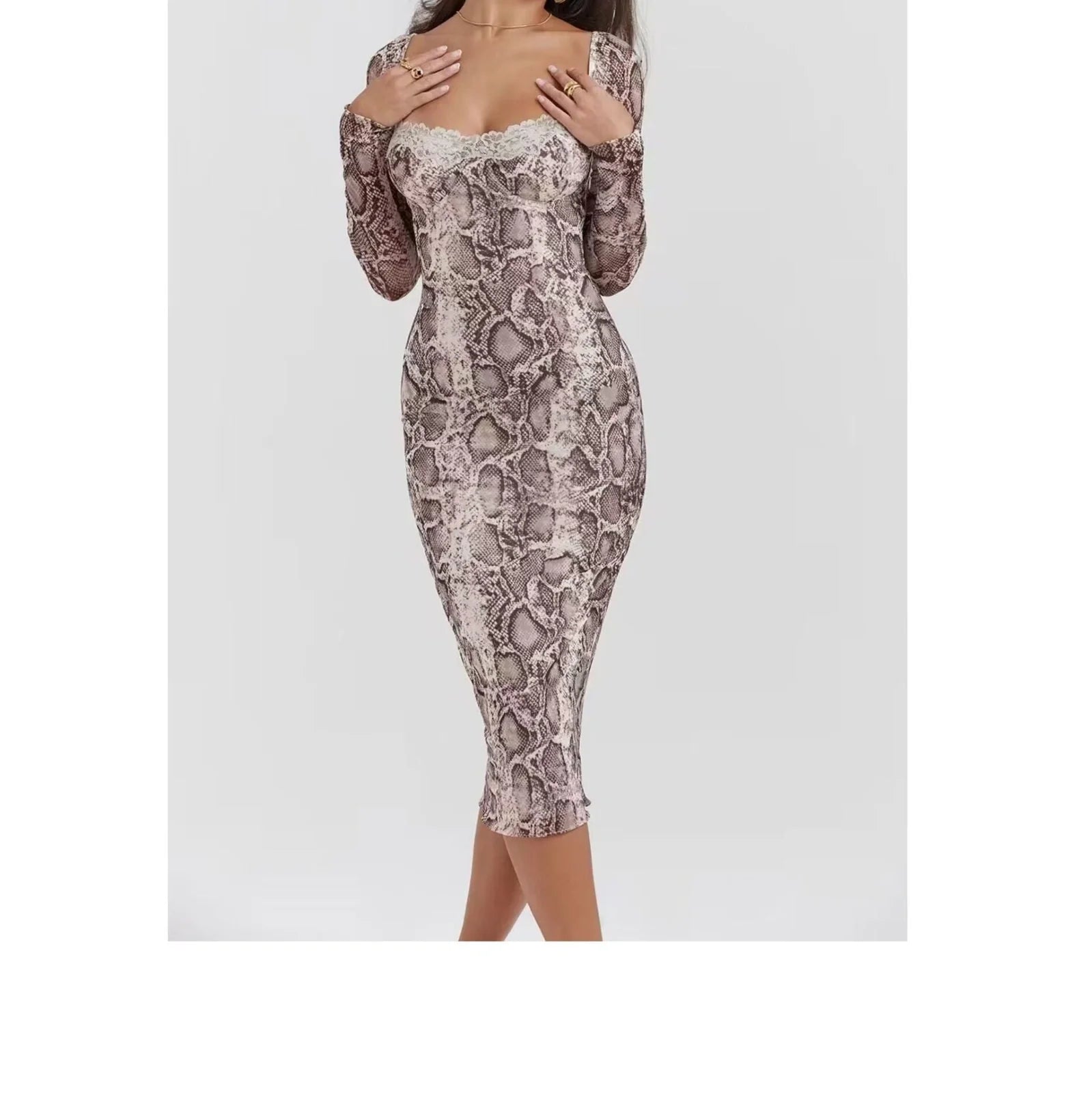 Grey digital printed lace dress with 3D pattern, A-line skirt, and long sleeves in slim fit silhouette