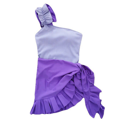 A woman's solid colour one-piece swimsuit with a single-shoulder suspender tube top design.