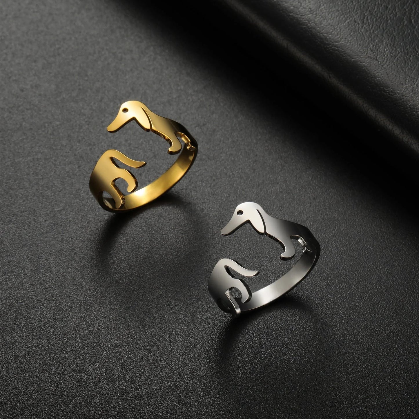 Adjustable Titanium Steel Sausage Dog Ring, a unique fashion accessory with a playful dog-inspired design made of premium materials