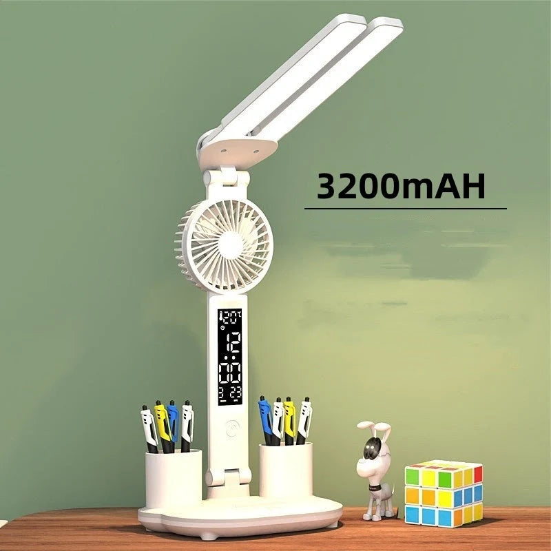 Foldable LED desk lamp with thermometer, calendar, fan, and pen holder