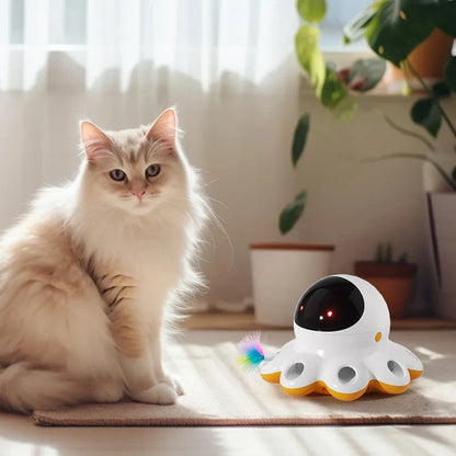 Automatic electric cat toy with shiny feather attachment on black background